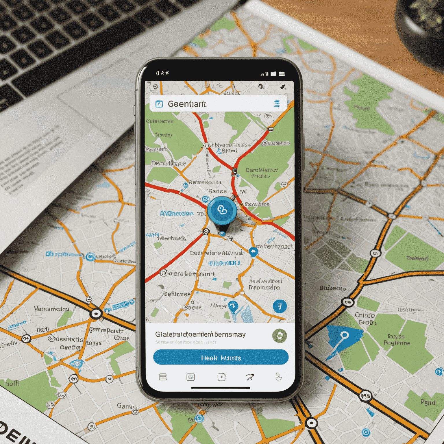 Smartphone mit geöffneter Vignette-de App, die eine Karte von Deutschland mit hervorgehobenen Mautstrecken und eine einfache Schaltfläche zum Kauf von Vignetten zeigt