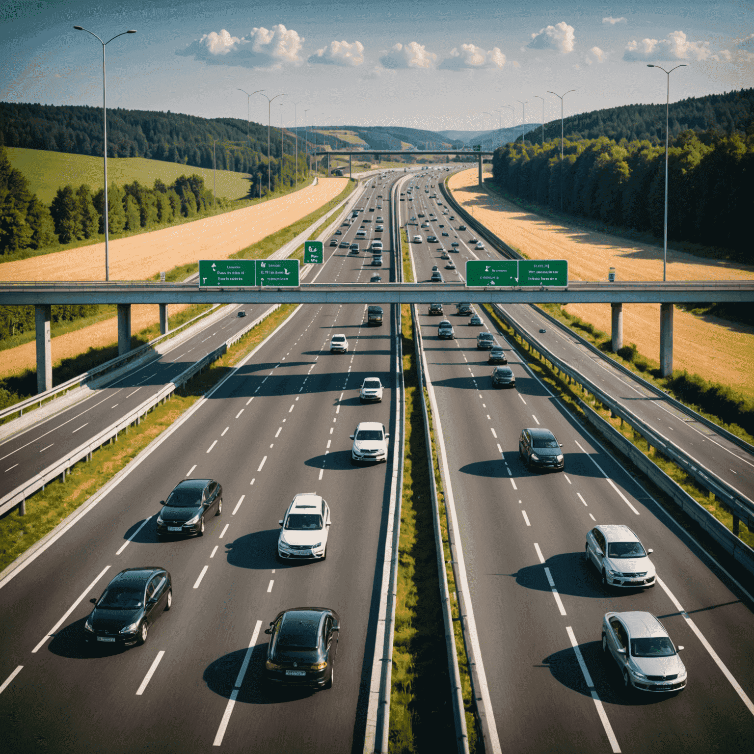 Eine digitale Darstellung einer deutschen Autobahn mit Mautstellen und Smartphones, die Vignetten-Apps anzeigen