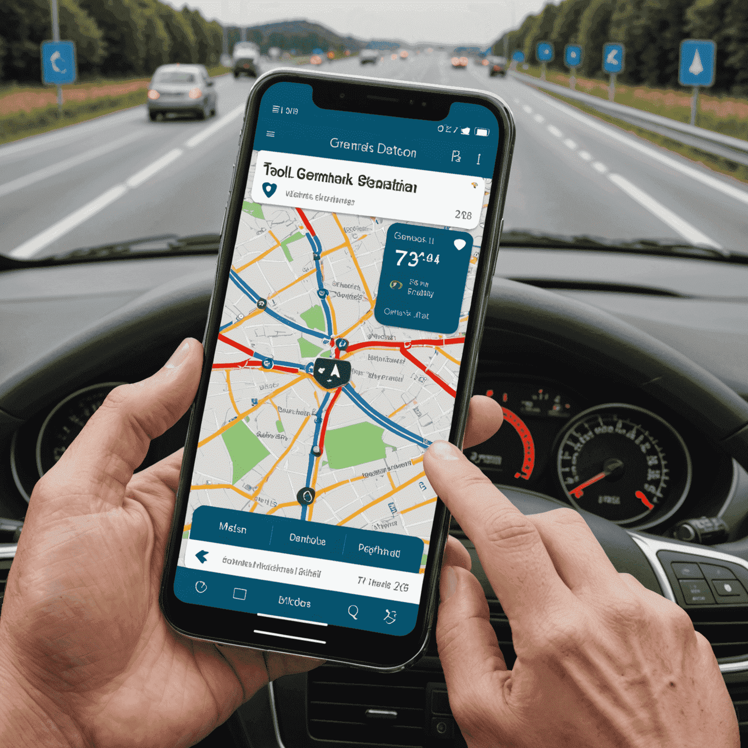 Smartphone displaying the Vignette-de app interface with a map of German highways and toll payment options