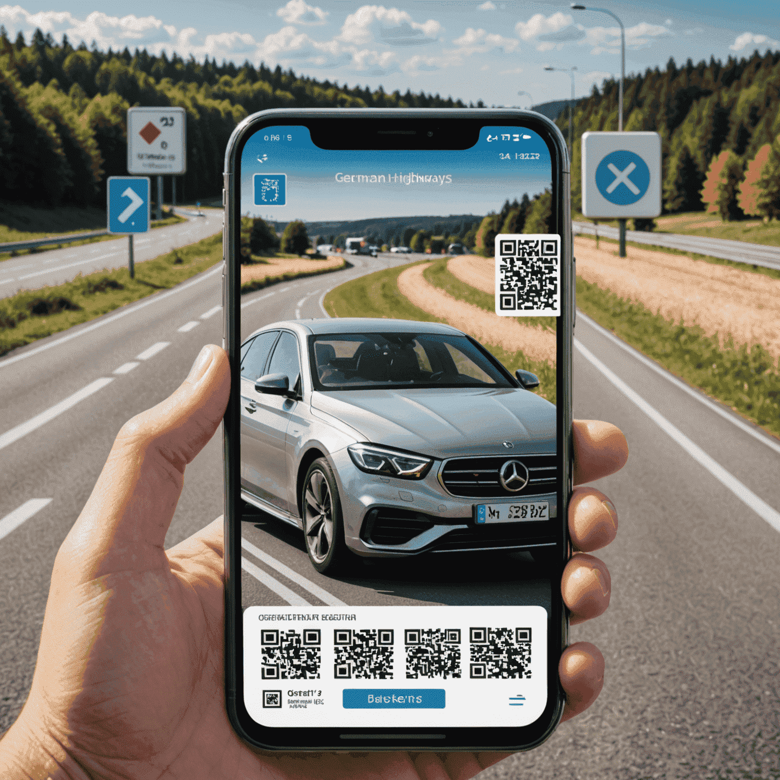 Eine Smartphone-App zeigt einen digitalen Vignettenkauf für deutsche Autobahnen. Ein stilisiertes Auto fährt über einen QR-Code, der eine Vignette darstellt.