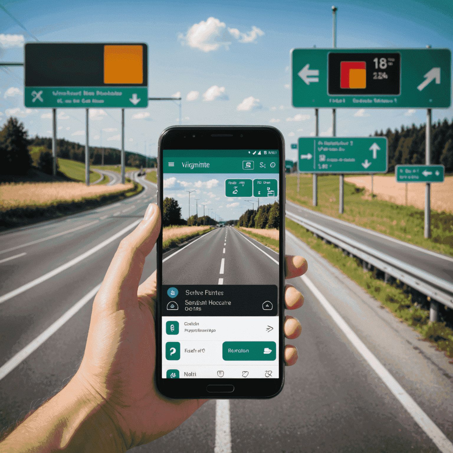 Eine digitale Darstellung eines Smartphones mit der Vignette-App, die neue Funktionen und Updates anzeigt. Im Hintergrund sind deutsche Autobahnschilder zu sehen.