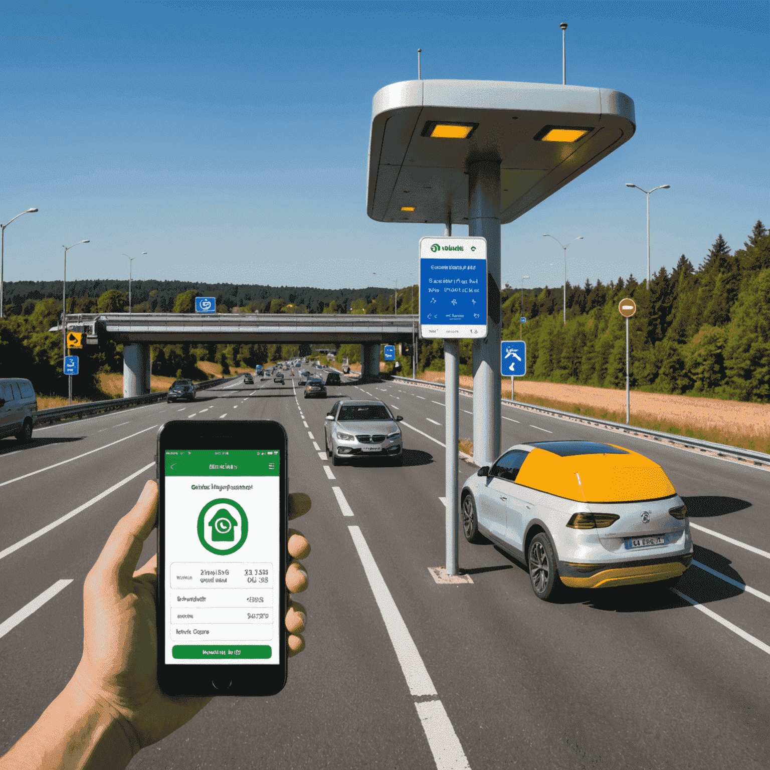 Eine Handy-App zeigt eine Mautbezahlung für deutsche Straßen. Ein virtuelles Mauttor öffnet sich, während ein Zahlungssymbol aufleuchtet.
