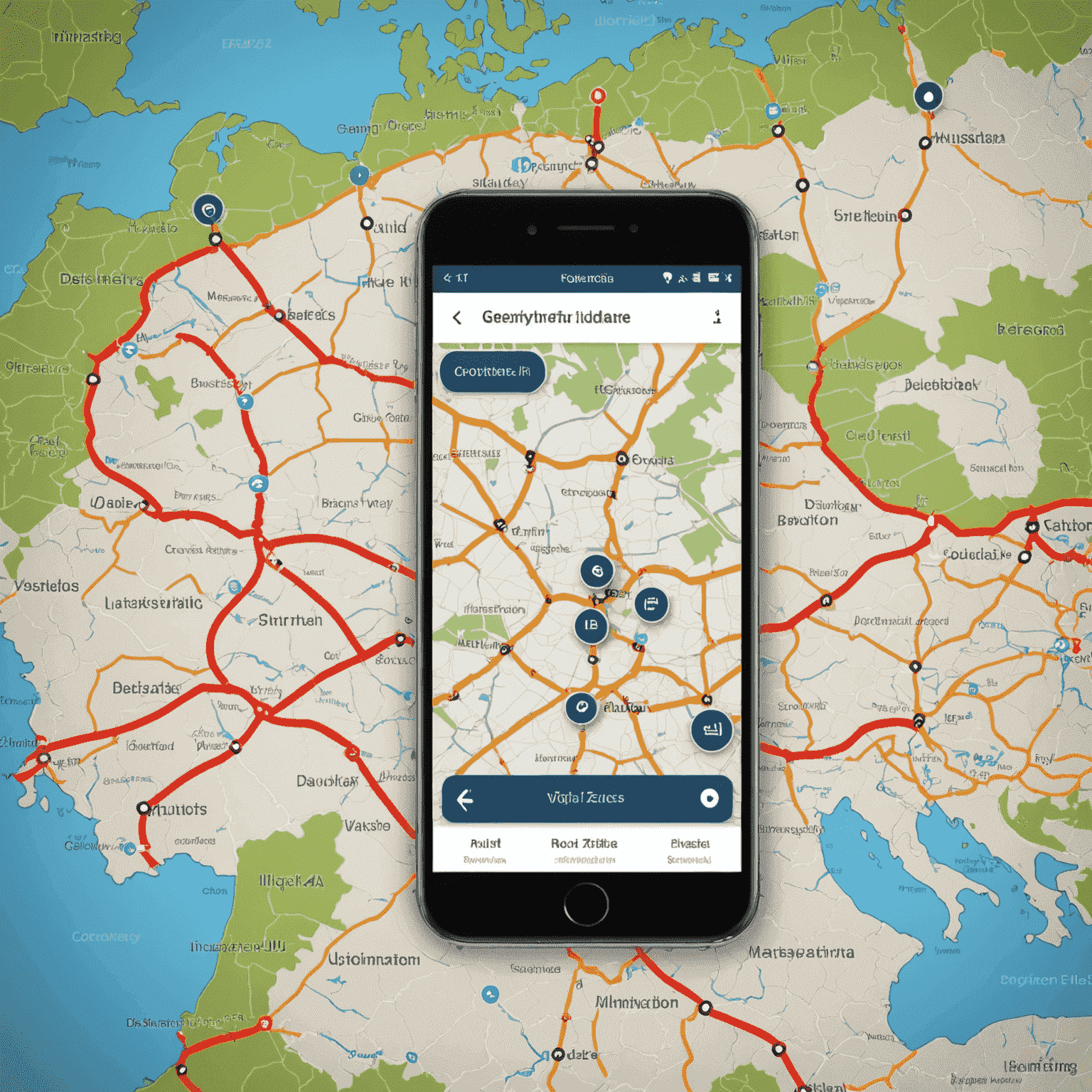 Eine Karte Deutschlands mit einer hervorgehobenen Route, die Mautstellen und Vignettenzonen markiert. Ein Smartphone zeigt die Routendetails an.