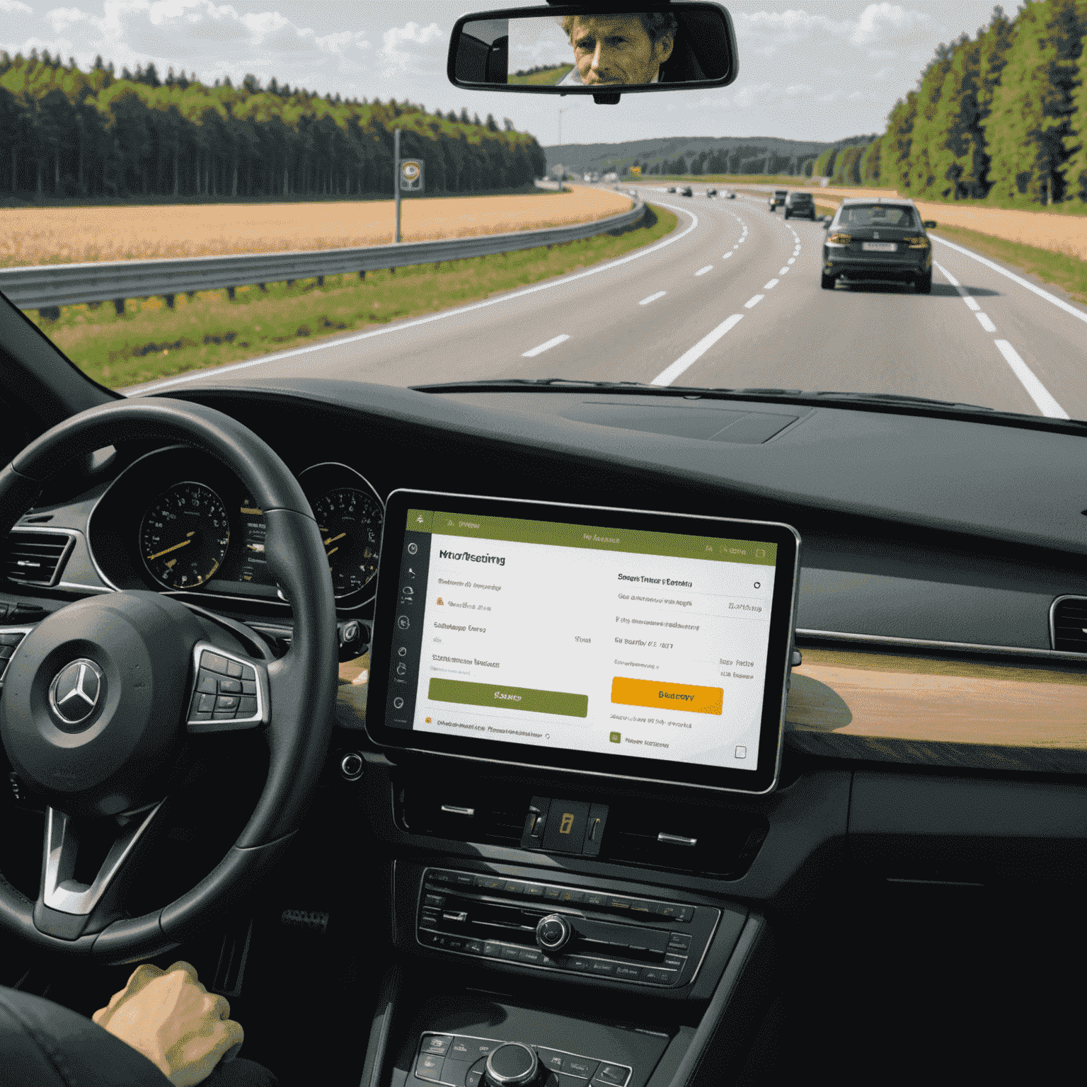 Ein Benutzerprofil-Interface mit Optionen für Kaufverlauf, Zahlungsmethoden und Sicherheitseinstellungen. Im Hintergrund ist eine stilisierte deutsche Autobahn zu sehen.